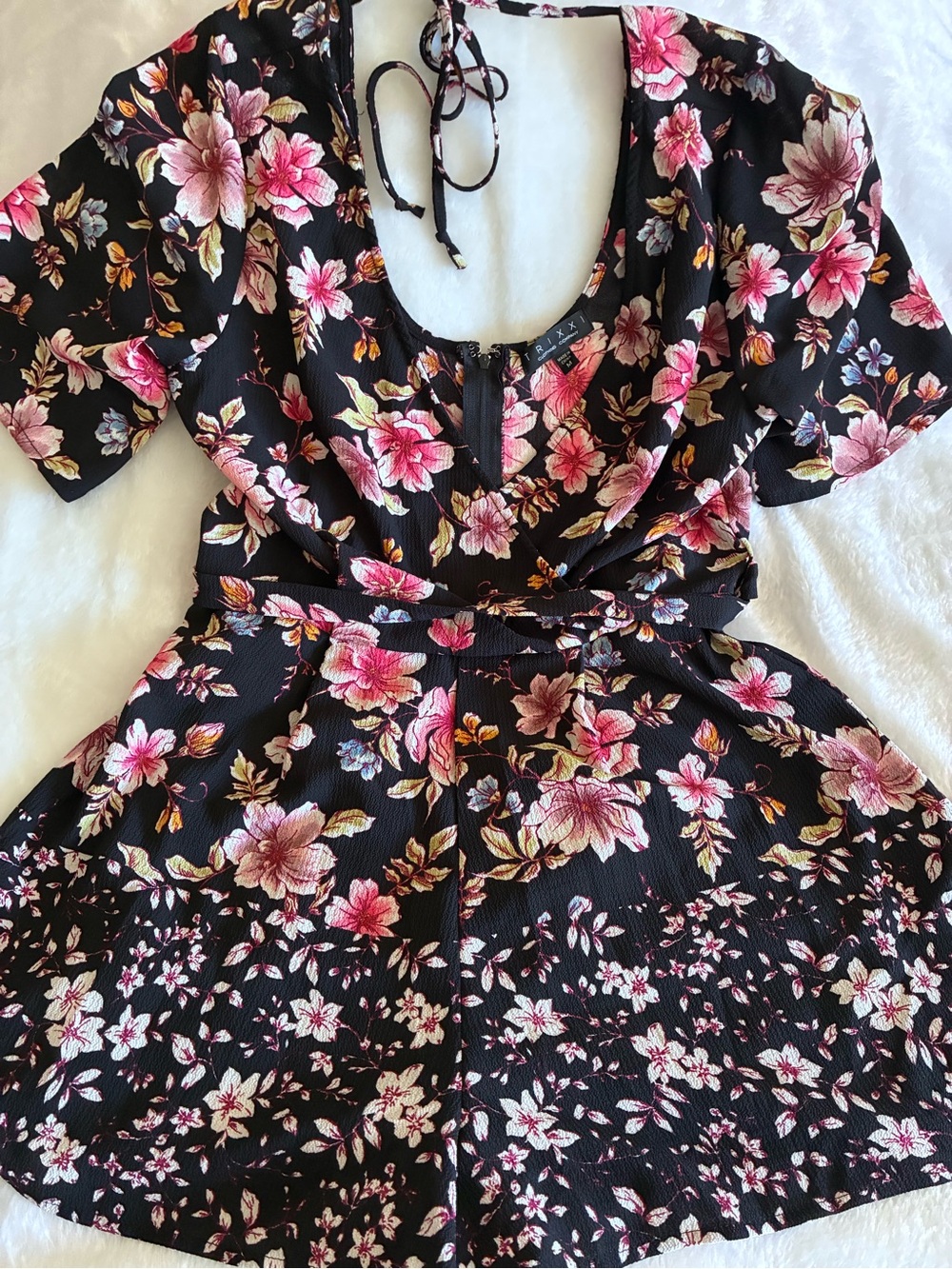 Trixxi Black Floral Tie-Back Romper with Pink Blossoms Size M